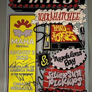 Event poster for the Maha Festival featuring artists like Pixies, Waxahatchee, Band of Horses, Magdalena Bay, Silversun Pickups, and Little Brazil. Event date is August 2, 2025, at Heartland of America Park, Omaha, Nebraska.