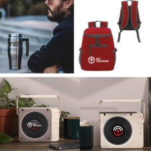A collage featuring a man with a stainless steel travel mug, a red backpack with a logo, and two portable radios on a table with houseplants. The radios display the logo '897 THE RIVER' on their speakers.