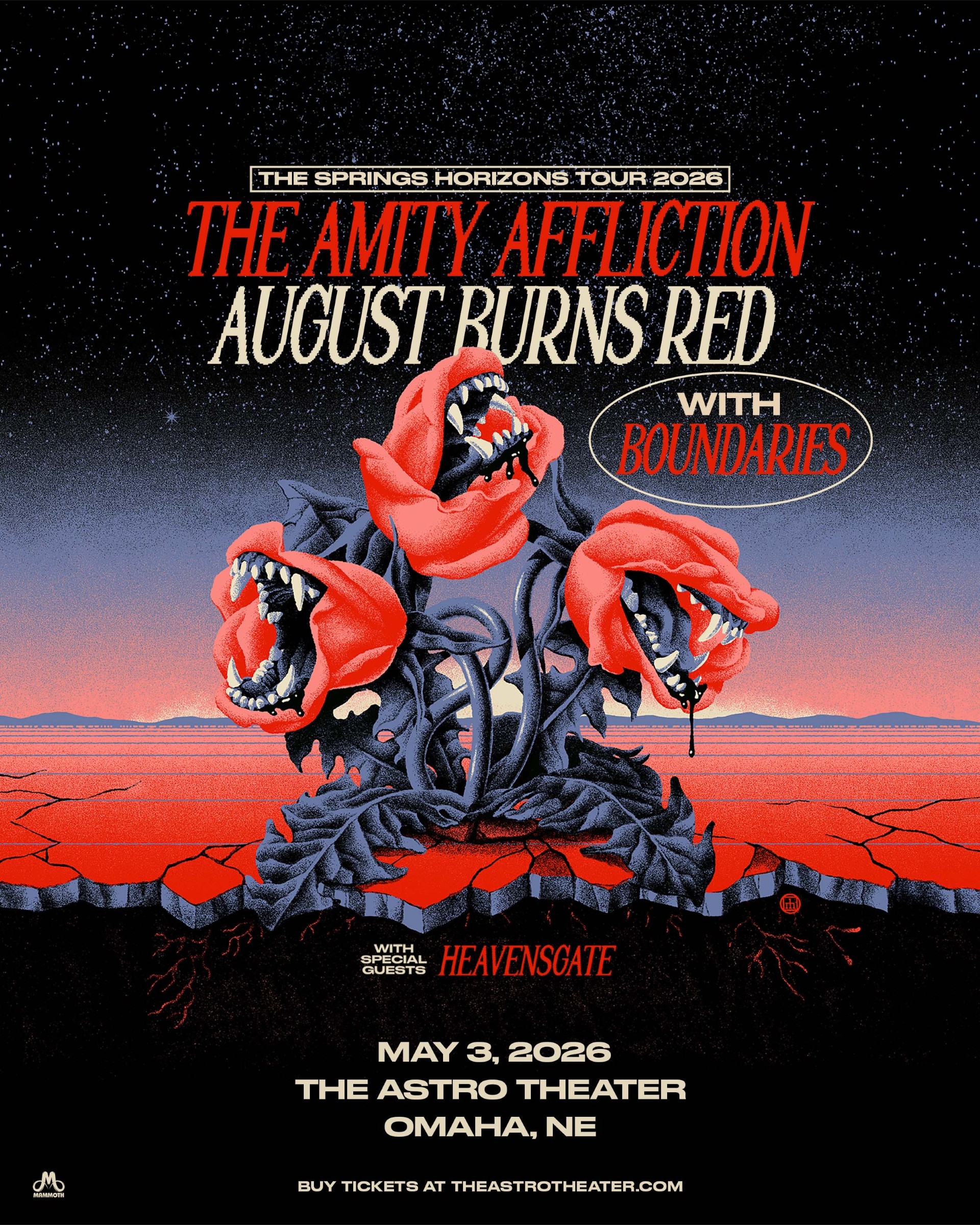 the promo poster of the amity affliction august burns red with boundaries. cartoon carnivore styled roses in a red dessert