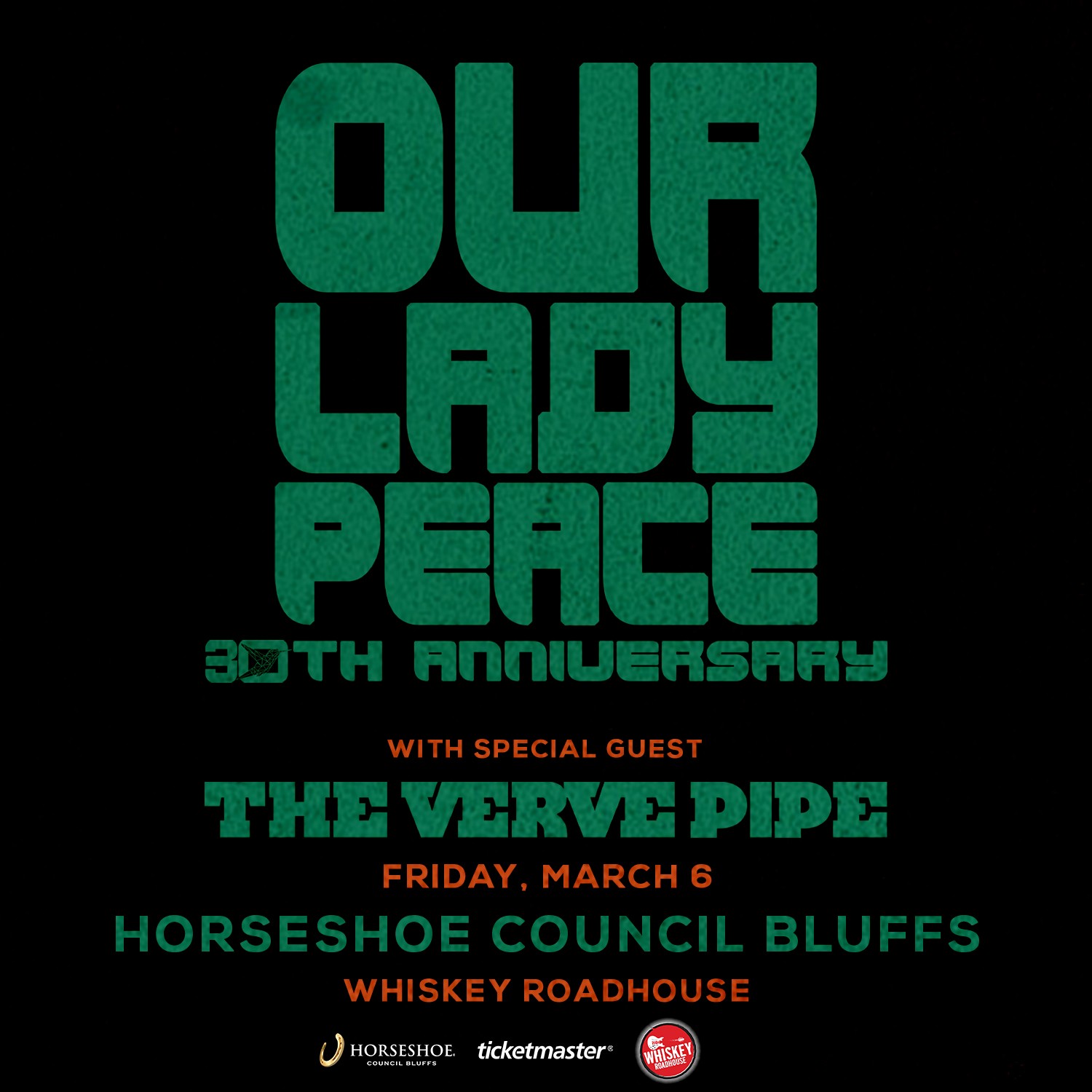 Concert poster for the 30th anniversary of Our Lady Peace, featuring vibrant colors and band imagery.