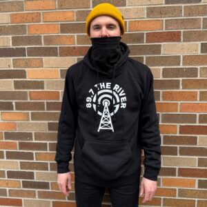 Corey wearing our brand new Black Radio Tower/Logo Hoodie.