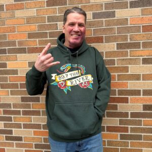 Skinman wearing our brand new green River snake hoodie.