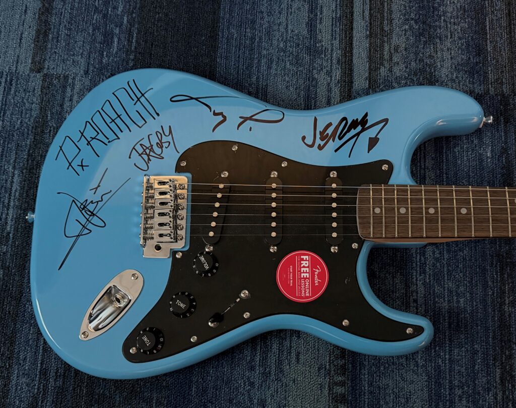 Papa Roach autographed Baby Blue Squier Stratocaster Guitar